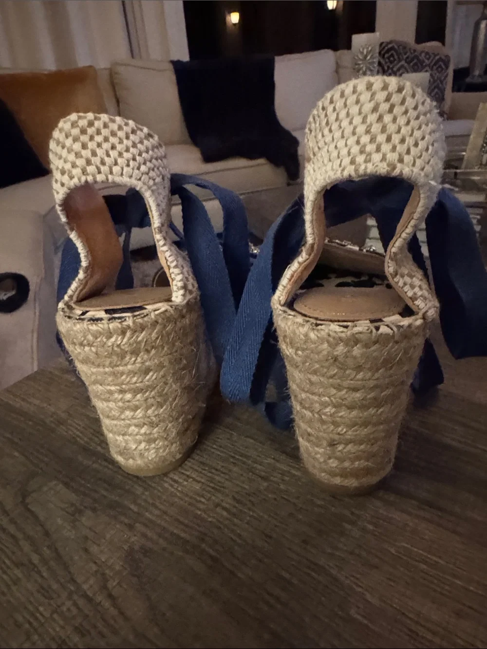 Boden Navy & White Floral Espadrille Wedges with Crystal Embellishment